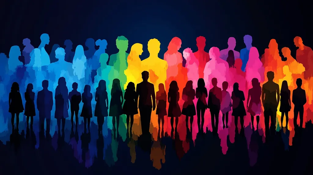 The image shows a large group of people silhouetted against a vibrant, colorful background. The silhouettes are arranged in a roughly horizontal line, with the colors behind them transitioning smoothly from blues and greens on the left to oranges and reds on the right, reminiscent of a rainbow. The people are diverse in size and apparent age, creating a sense of community and inclusivity.  The dark silhouettes contrast sharply with the bright, painterly background, drawing attention to the sheer number of individuals. The overall effect is one of unity and diversity.