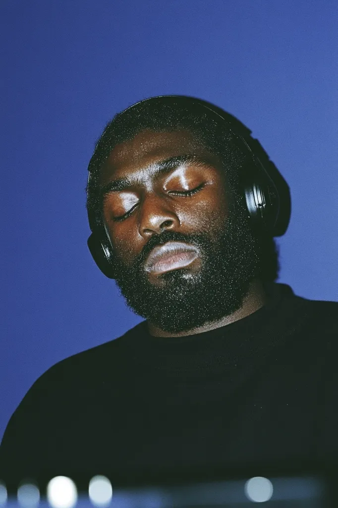 Close-up view of a dark-skinned man with a full beard wearing over-ear headphones. His eyes are closed, suggesting he's listening intently.  He's wearing a dark-colored crew-neck shirt against a deep blue background. The image has a moody, contemplative atmosphere, with a shallow depth of field focusing on the man's face.  A blurred element suggests he might be working at a console or mixing board. The overall tone is dark and serious.