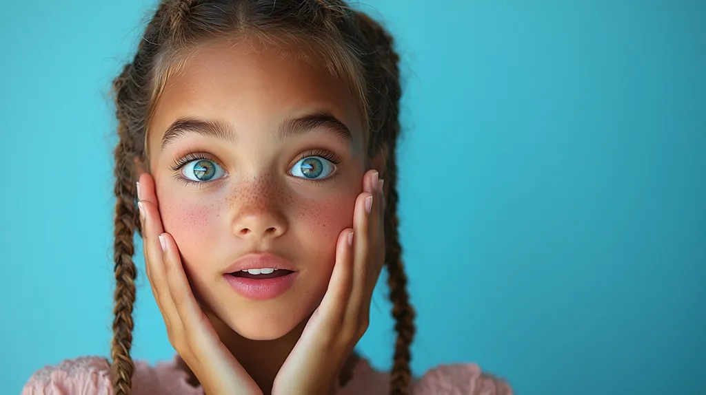 Close-up portrait of a young girl with light brown hair styled in two braids.  She has bright blue eyes, fair skin with freckles, and a surprised expression. Her hands gently cup her cheeks.  The background is a solid, vibrant turquoise. The overall impression is one of youthful innocence and astonishment.