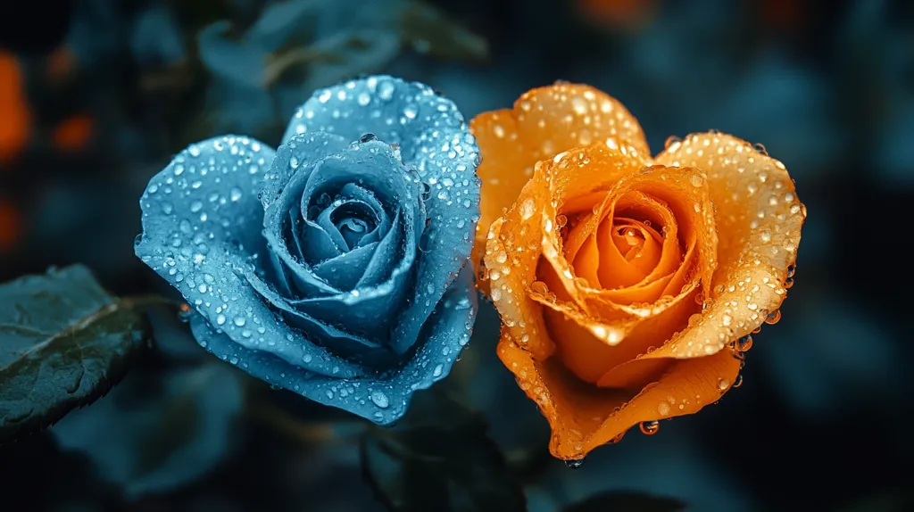Here's a description of the image:

Close-up view of two roses, one a vibrant teal blue and the other a rich orange-gold. Both roses are in full bloom, their petals glistening with numerous water droplets, suggesting a recent rainfall or dew.  The roses are positioned closely together, almost touching, creating a visually striking contrast in color. The background is dark and out of focus, drawing attention to the vivid colors and textures of the roses. The overall mood is romantic and serene.