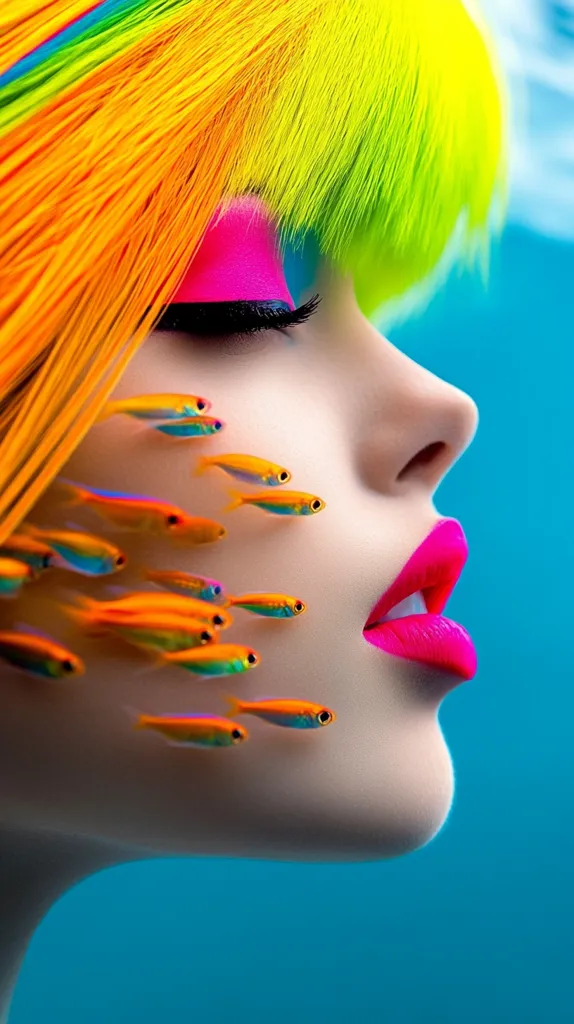 Here's a description of the image:

The image is a vibrant close-up profile shot of a woman's face.  Her hair is a striking rainbow, predominantly yellow and orange, styled in a short, choppy bob.  Her makeup features bright pink eyeshadow and lips.  Several small, orange and turquoise fish appear to swim across her face, creating a surreal, underwater effect. The background is a solid, deep turquoise, enhancing the overall fantasy-like quality of the image. The overall style is bold, colorful, and artistic.