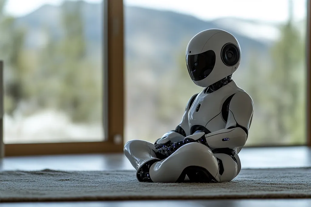 A small, white humanoid robot sits cross-legged on a light gray rug, its hands resting gently in its lap.  The robot's head is rounded with a dark visor, giving it a contemplative appearance.  It is positioned in front of a large window, showcasing a blurred-out natural landscape of trees and hills. The overall ambiance is serene and somewhat futuristic. The scene suggests a moment of quiet reflection or contemplation for the robotic figure.