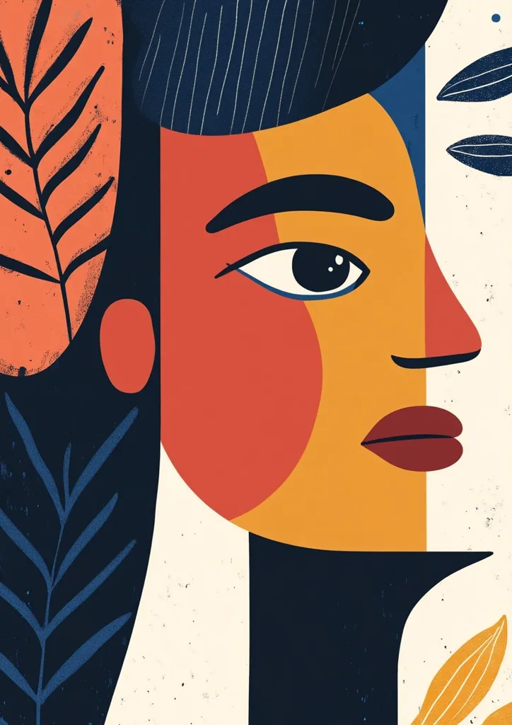 Here's a description of the image:

The image is a stylized portrait of a woman's face, executed in a bold, geometric style reminiscent of mid-century modern art.  Warm, earthy tones—reds, oranges, and yellows—dominate the facial features, contrasted against cool navy and muted beige in the background and hair.  Abstract leaf motifs flank the face, adding a natural element to the otherwise graphic composition.  The style is simultaneously modern and slightly retro, with a strong focus on shape and color over realistic detail. The overall effect is both striking and serene.