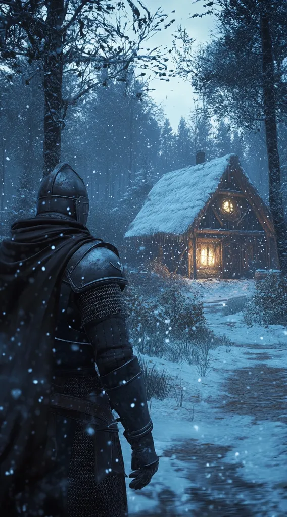 A knight in full plate armor, cloaked and hooded, walks a snowy path towards a small, warmly lit cabin nestled within a snow-covered forest.  Snow falls softly, creating a serene yet somewhat ominous atmosphere. The knight's back is to the viewer, suggesting a journey or a quest. The scene evokes a sense of medieval fantasy, perhaps hinting at a story of solitude, refuge, or impending conflict.