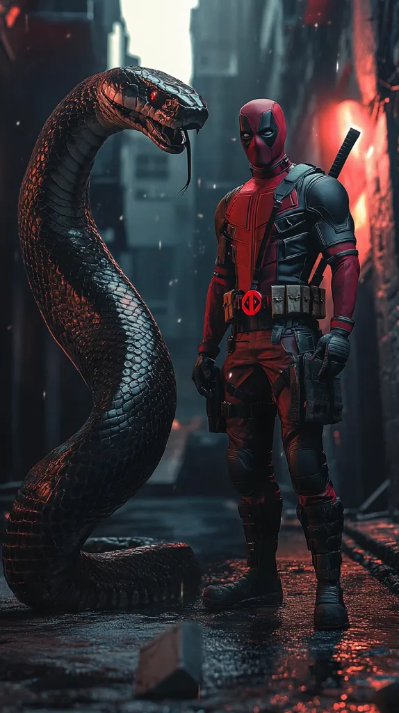 A digital rendering depicts Deadpool, the Marvel anti-hero, standing in a dark, urban alleyway. He is fully equipped in his signature red and black suit, katana strapped to his back.  Beside him, a massive, dark-colored snake coils on the ground, its head slightly raised, seemingly facing Deadpool.  The overall atmosphere is gritty and intense, with a contrast between the vibrant Deadpool and the shadowy, ominous snake and setting. The scene suggests a confrontation or uneasy truce between the two.