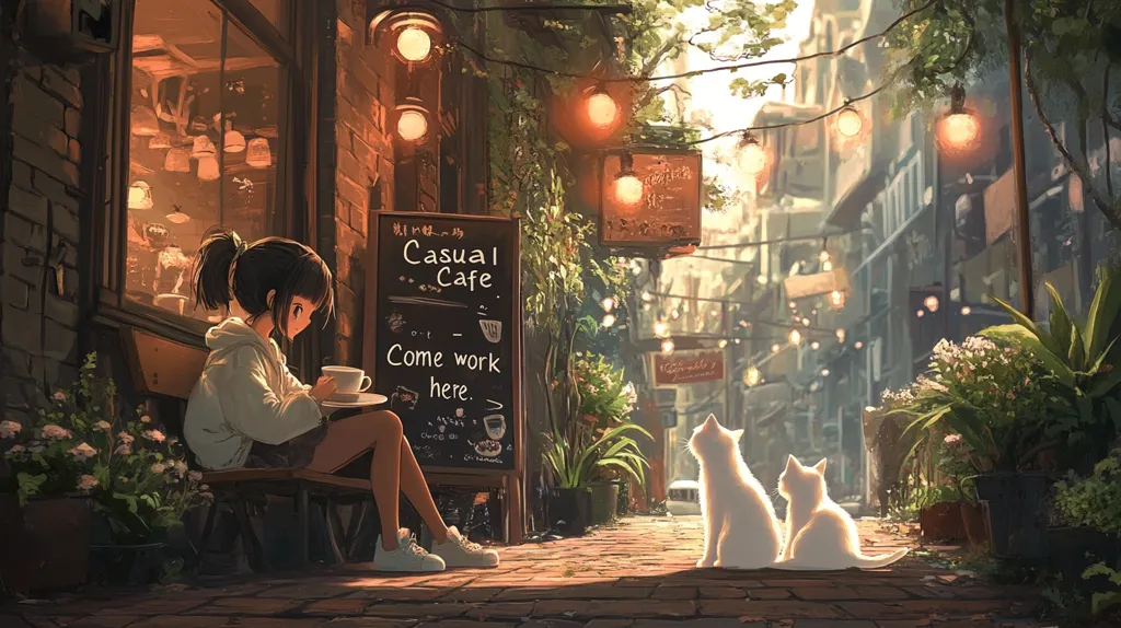 Here's a description of the image:

The illustration depicts a charming anime-style scene of a young woman sitting on a bench outside a "Casual Cafe."  She holds a cup, seemingly enjoying a moment of quiet contemplation. Two white cats sit nearby, adding to the peaceful atmosphere. The cafe is quaint, with warm lighting from hanging bulbs illuminating the street.  Potted plants and flowers adorn the area, adding vibrancy to the brick-paved walkway. The background features a sun-drenched street, creating a serene and inviting ambiance. The overall style is soft, warm, and nostalgic.