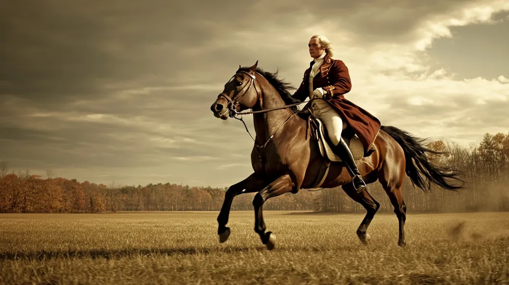 A man in a period-style coat and breeches rides a dark brown horse at a gallop across a golden field.  The horse's mane and tail stream behind it, stirred by its speed.  The autumnal backdrop features a line of trees in muted fall colors under a dramatic, cloudy sky.  The overall sepia tone and lighting create a sense of historical drama and romanticism.