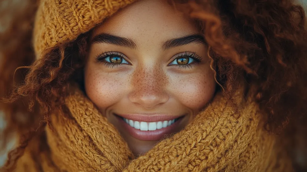 Close-up portrait of a young woman with warm brown, curly hair, partially obscured by a cozy, mustard-yellow knitted scarf.  Her face is adorned with freckles, and her large, expressive eyes are accentuated by her natural beauty. A bright, genuine smile showcases her white teeth. The overall mood is one of warmth, comfort, and natural attractiveness.