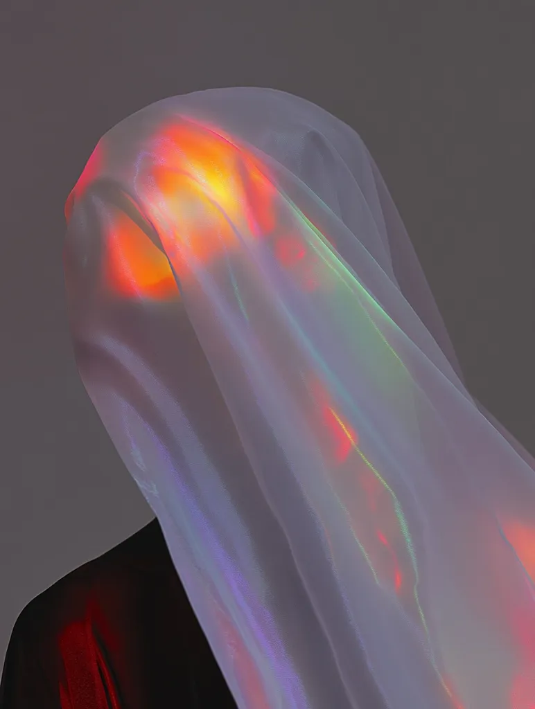 Here's a description of the image:

The photograph presents a close-up view of a figure partially obscured by a sheer, iridescent fabric. The fabric drapes over the head and shoulders, obscuring the face and upper body, creating a mysterious and ethereal effect.  The material shimmers with subtle rainbow-like reflections, particularly where a warm, orange light seems to emanate from beneath.  The partially visible lower garment appears dark, possibly black or deep red, contrasting with the translucent overlay. The background is a muted gray, drawing focus to the luminous qualities of the fabric and the implied form beneath. The overall mood is one of enigmatic beauty and subtle tension.