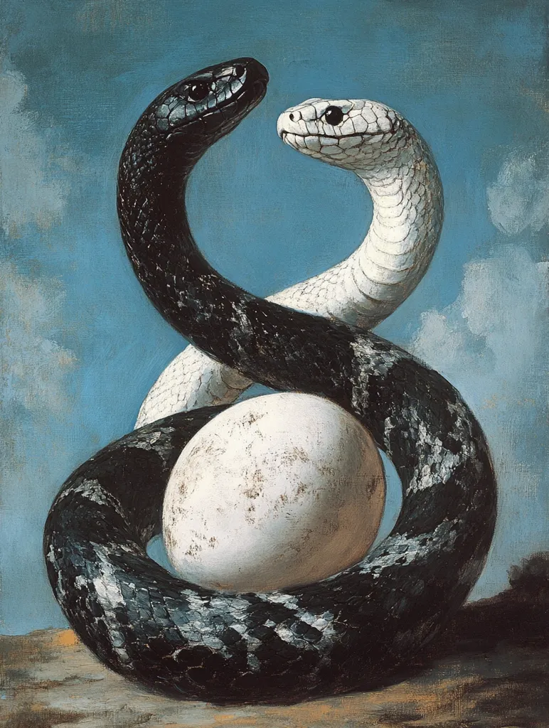 The painting depicts a black and white snake intertwined in an ouroboros-like formation, encircling a large, off-white egg. The snakes' heads are positioned near each other, facing opposite directions.  The background is a serene blue sky with soft clouds. The overall style is realistic, yet with a symbolic and somewhat surreal quality, suggesting themes of creation, duality, or cyclical processes. The egg at the center suggests potentiality or new beginnings.