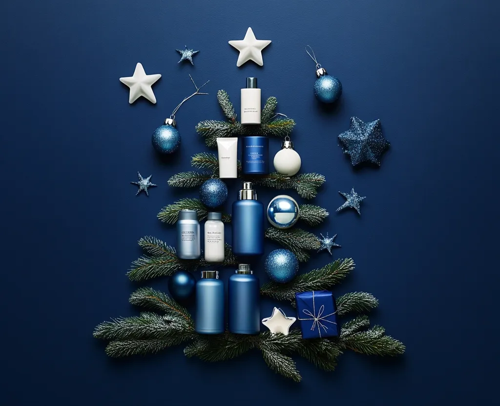 A festive arrangement of toiletries forms a Christmas tree against a deep blue background.  Blue and white ornaments, sparkly stars, and frosted evergreen branches decorate the "tree," which is comprised of various bottles and tubes of skincare and haircare products. A small blue gift box is nestled at the base. The overall aesthetic is sophisticated and minimalist, evoking a luxurious holiday feel.