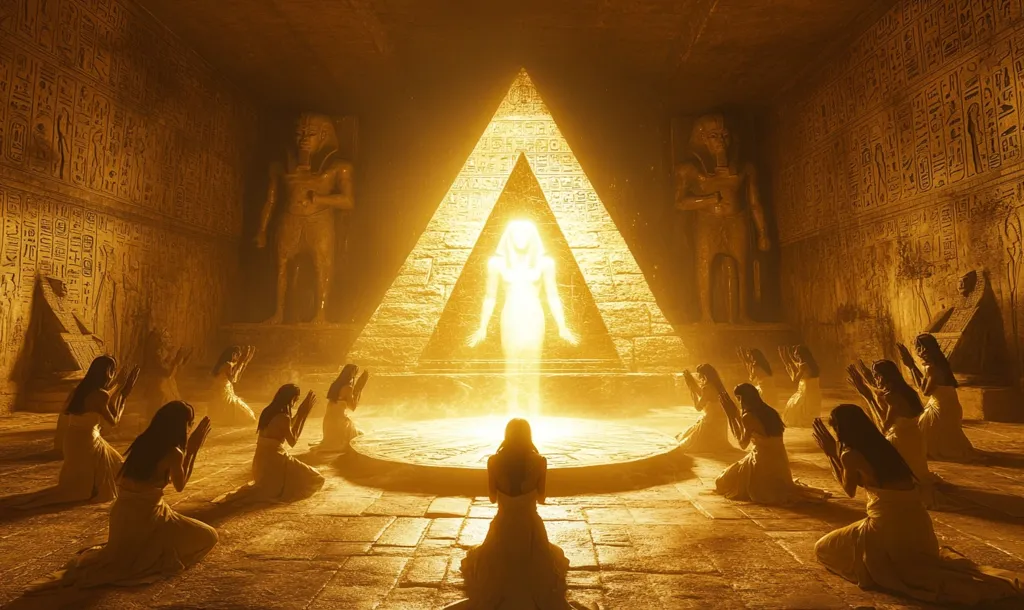 Bathed in golden light, a radiant, ethereal figure stands within a triangular aperture of a massive pyramid.  Surrounding this central figure, a circle of women in flowing white robes kneel in prayer, their heads bowed. Two imposing statues of Egyptian gods flank the pyramid, their forms partially obscured by the intense glow. Hieroglyphs cover the ancient stone walls of the chamber, adding to the mystical ambiance. The scene is powerfully evocative of ancient Egyptian religious practice and divine revelation.