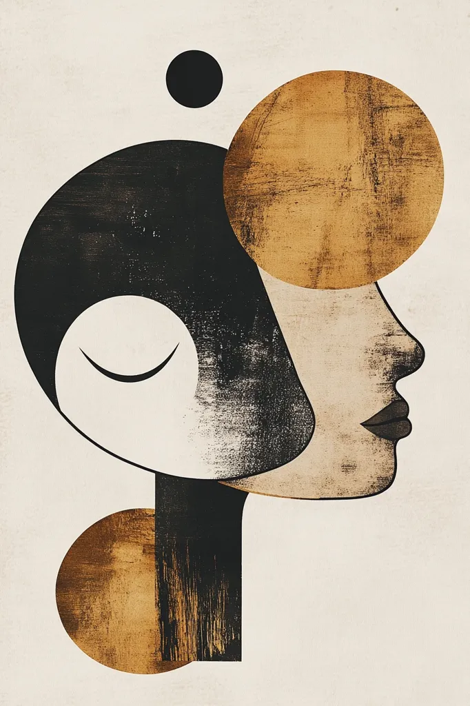 This abstract artwork depicts a stylized female profile, rendered in muted tones of black, gold, and cream against a beige background.  The face is composed of geometric shapes, with circles and curves suggesting hair, a face, and shoulders.  The style evokes a sense of minimalism and modern art, utilizing texture to create depth and visual interest.  A small black circle sits above the head, adding to the composition's abstract nature.  The overall mood is calm and serene.