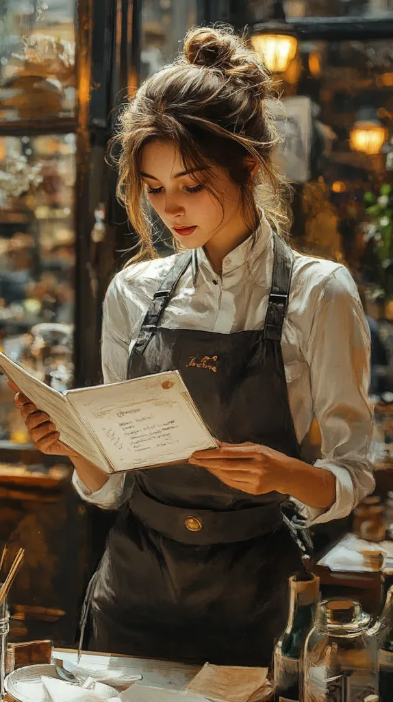 A young woman with her brown hair in a messy bun, wears a white shirt and dark apron. She is engrossed in reading a menu, possibly in a cafe setting. The ambiance is warm and dimly lit, with the background suggesting an antique or vintage-style cafe.  Her expression is serious and focused as she examines the document. The overall style of the image is painterly and soft, with rich, muted tones.