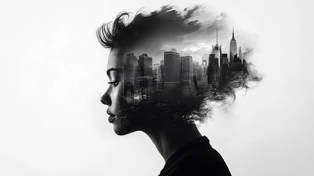 A black and white, profile-view image depicts a woman's head and shoulders. Her hair is styled in a voluminous, upward fashion, blending seamlessly with a superimposed cityscape reminiscent of New York City. The Empire State Building is visible, suggesting a blend of urban energy and personal identity. The woman's serene expression contrasts with the intensity of the city's image, creating a powerful visual metaphor of inner strength and connection to the urban environment. The overall effect is a striking and artistic portrayal of the city within a person.
