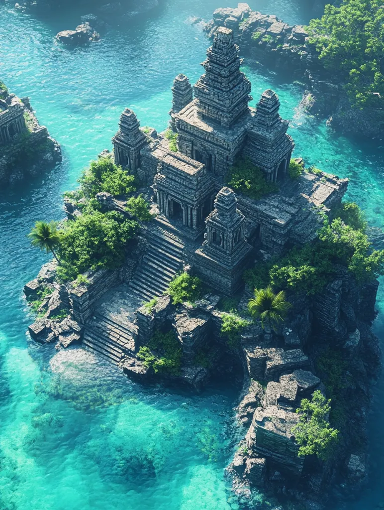 Here's a description of the image:

An aerial view showcases a stunning, ancient temple complex nestled on a lush, tropical island. The temple, possibly inspired by Angkor Wat, is constructed from weathered gray stone, its intricate towers and tiered levels reaching towards a bright sky.  Lush green vegetation, including palm trees, clings to the rocky island, which is surrounded by vibrant turquoise water.  Smaller stone structures are scattered around the main temple, adding to the sense of a lost civilization. The scene evokes a sense of mystery and wonder, suggesting a secluded paradise hidden away from the world.