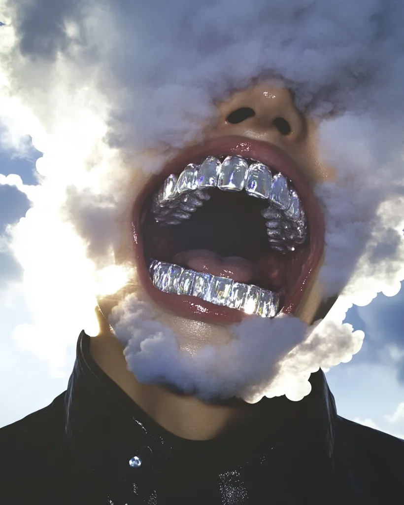 Here's a description of the image:

The image is a surreal digital artwork featuring a person's face partially obscured by a cloud of vapor or smoke.   Their mouth is open wide, revealing a prominent set of large, silver grills. The contrast between the bright, metallic grills and the soft, ethereal clouds creates a striking visual effect. The overall mood is dramatic and somewhat unsettling, possibly suggesting themes of hidden identity, release, or transformation. The setting appears to be outdoors, with a bright sky visible in the background. The person is dressed in dark clothing.