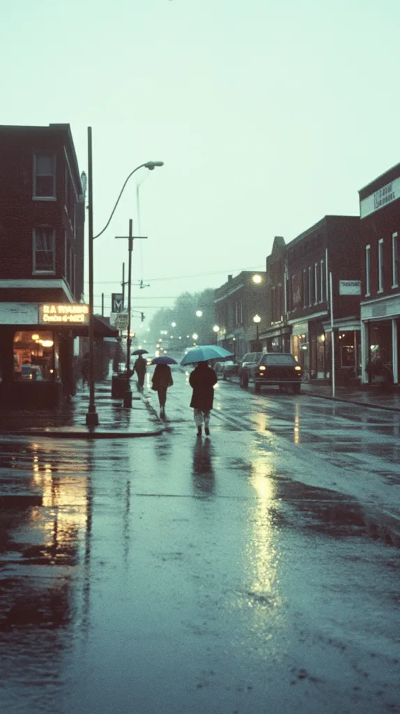 A rainy day scene on a quiet street lined with brick buildings.  Several pedestrians, each carrying umbrellas, walk along the wet pavement.  Streetlights reflect in the glistening water, creating a soft glow. The atmosphere is somber and tranquil, with a muted color palette reflecting the overcast sky.  The buildings appear mostly commercial, with some signage visible.  The overall impression is one of peaceful solitude in a rain-soaked town.