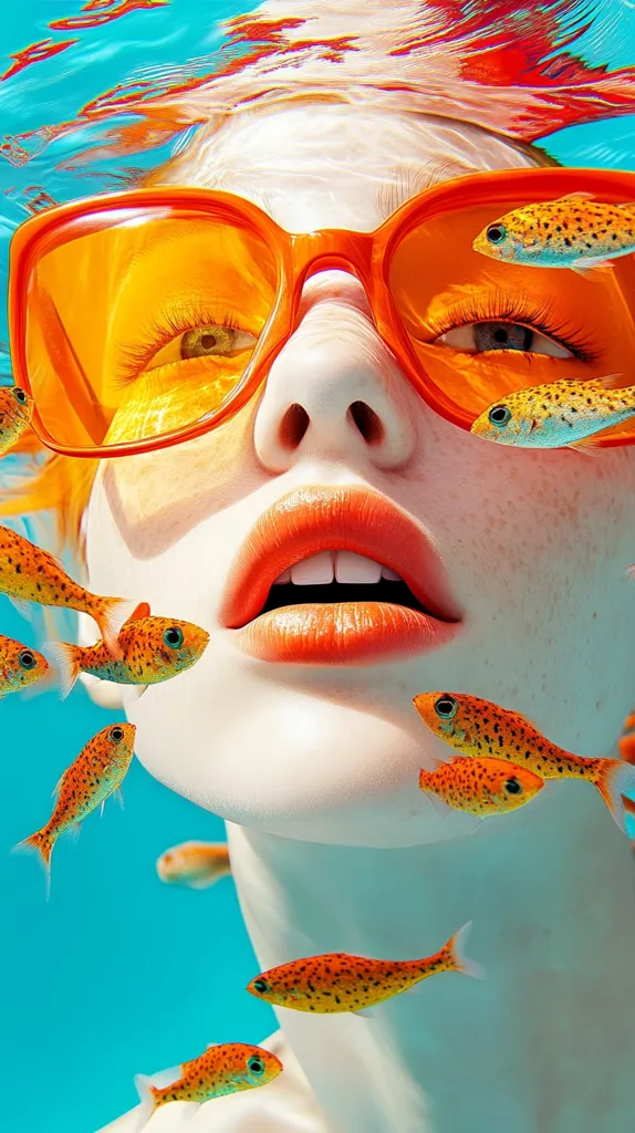 Here's a description of the image:

Close-up view of a woman's face submerged underwater, wearing large, bright orange sunglasses.  Her lips are also a vibrant orange.  Numerous small, orange and speckled fish swim around her head and body, creating a surreal and colorful underwater scene. The water is a clear, turquoise blue, providing a striking contrast to the orange tones. The overall aesthetic is bold, vibrant, and slightly surreal.