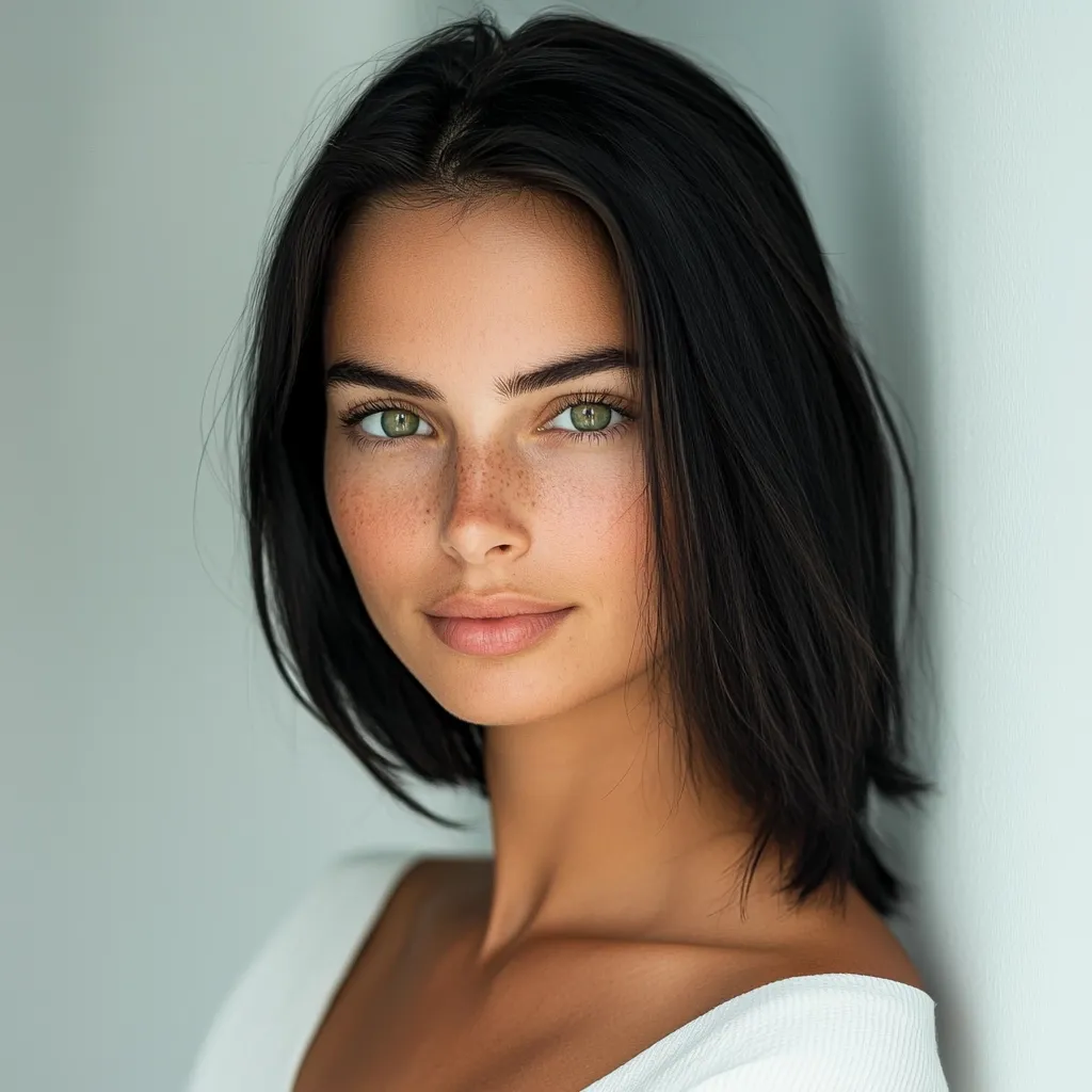 Here's a description of the image:

Close-up portrait of a young woman with shoulder-length, dark brown hair. She has a fair complexion with noticeable freckles and striking green eyes.  Her makeup is minimal and natural, enhancing her features. She's wearing a simple, off-white top, and her expression is soft and slightly smiling. The background is a muted, light gray, keeping the focus solely on her. The overall mood is serene and beautiful, highlighting her natural attractiveness.