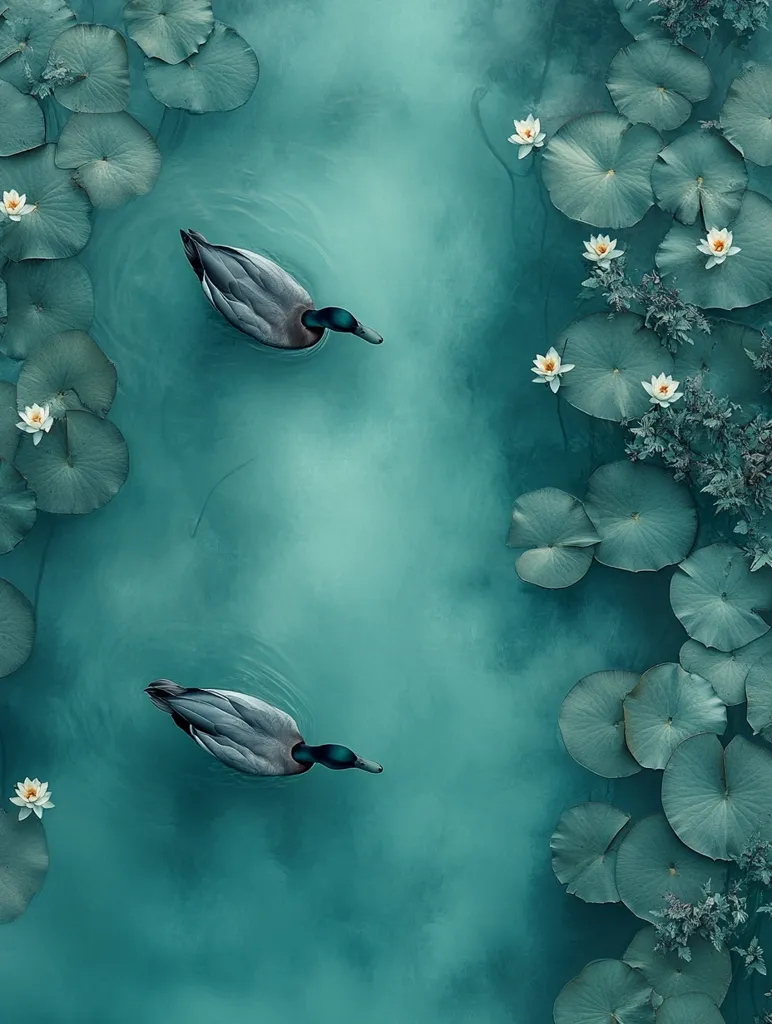 Here's a description of the image:

An overhead shot reveals two mallard ducks gracefully gliding across a serene teal pond.  The water is calm, with subtle ripples indicating their gentle movement.  Lush, dark green lily pads, interspersed with delicate white water lilies, create a natural border around the pond, adding a touch of tranquility to the scene. The overall aesthetic is one of peaceful, natural beauty.