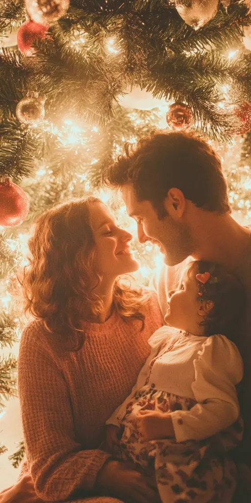 A warm, intimate scene unfolds under the soft glow of a Christmas tree.  A couple, deeply in love, shares a tender moment, their faces close together.  They hold their young child, nestled securely in the mother's arms.  The warm lighting and the festive decorations create a feeling of love, family, and the magic of Christmas. The family is bathed in the warm, golden light of the Christmas tree lights.  The image evokes feelings of joy and togetherness.