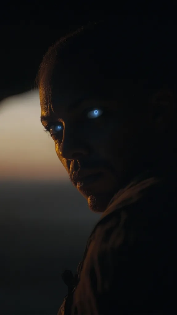 Here's a description of the image:

The image shows a close-up of a person's face, partially obscured by shadow. Their eyes glow with an unnatural, bright blue light, contrasting sharply with the darkness surrounding them. The individual's expression is serious, almost grim. They are seen in profile, looking over their shoulder, suggesting a sense of watchfulness or suspicion. The background is a blurry, warm-toned sunset or sunrise, further emphasizing the mysterious and somewhat sinister nature of the subject. The overall mood is dark, intense, and possibly science fiction-themed.