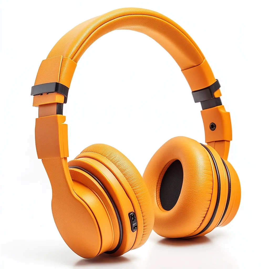 Here's a description of the image:

A vibrant orange pair of over-ear headphones is showcased against a stark white background.  The headphones have a plush, leather-like texture and a sleek, modern design.  The headband is padded and curves gently, suggesting comfort.  A subtle dark accent line encircles each earcup, complementing the overall aesthetic. The headphones are positioned slightly angled, allowing a clear view of both sides.  The image highlights the product's color and texture, emphasizing its stylish appeal.