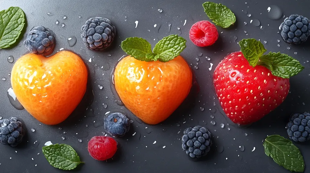 Here's a description of the image:

A high-angle, close-up shot showcases three heart-shaped fruits: a vibrant orange apricot, a similarly shaped yellow fruit, and a luscious red strawberry.  Each fruit is artfully adorned with fresh mint sprigs.  The fruits are arranged against a dark gray background speckled with water droplets, adding to the fresh, dewy feel.  Scattered around the central fruits are frozen blackberries, blueberries, and raspberries, further enhancing the overall composition of colorful, healthy produce.  The overall impression is one of vibrant freshness and healthy eating.