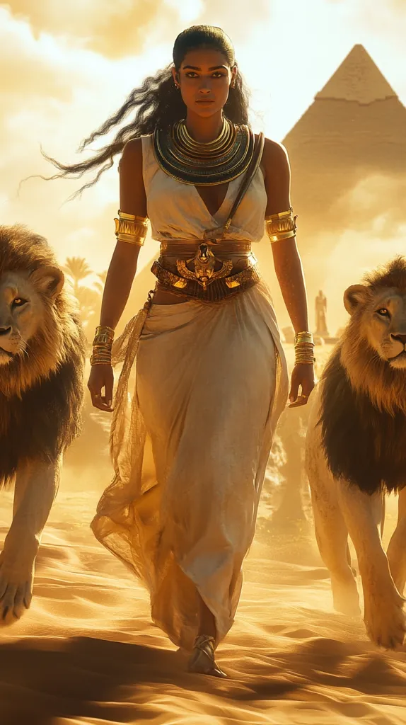 A regal woman, adorned in gold jewelry and a flowing white gown, strides confidently across a desert landscape. Two majestic lions flank her, their presence adding to her powerful aura.  A pyramid looms in the background, bathed in the warm hues of a setting sun. The scene evokes ancient Egypt, suggesting strength, royalty, and a connection to the divine.  The overall tone is one of grandeur and mystery.