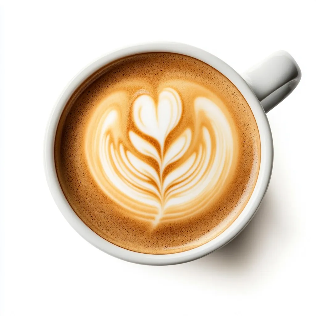Here's a description of the image:

An overhead close-up shot shows a white mug filled with a light brown latte. The latte art features a delicate, expertly crafted leaf design with a heart at its center. The foam is textured, showing tiny bubbles. The mug has a simple, understated design, allowing the latte art to be the focal point. The background is plain white, making the mug and its contents stand out. The overall impression is one of warmth, sophistication, and a perfect morning beverage.