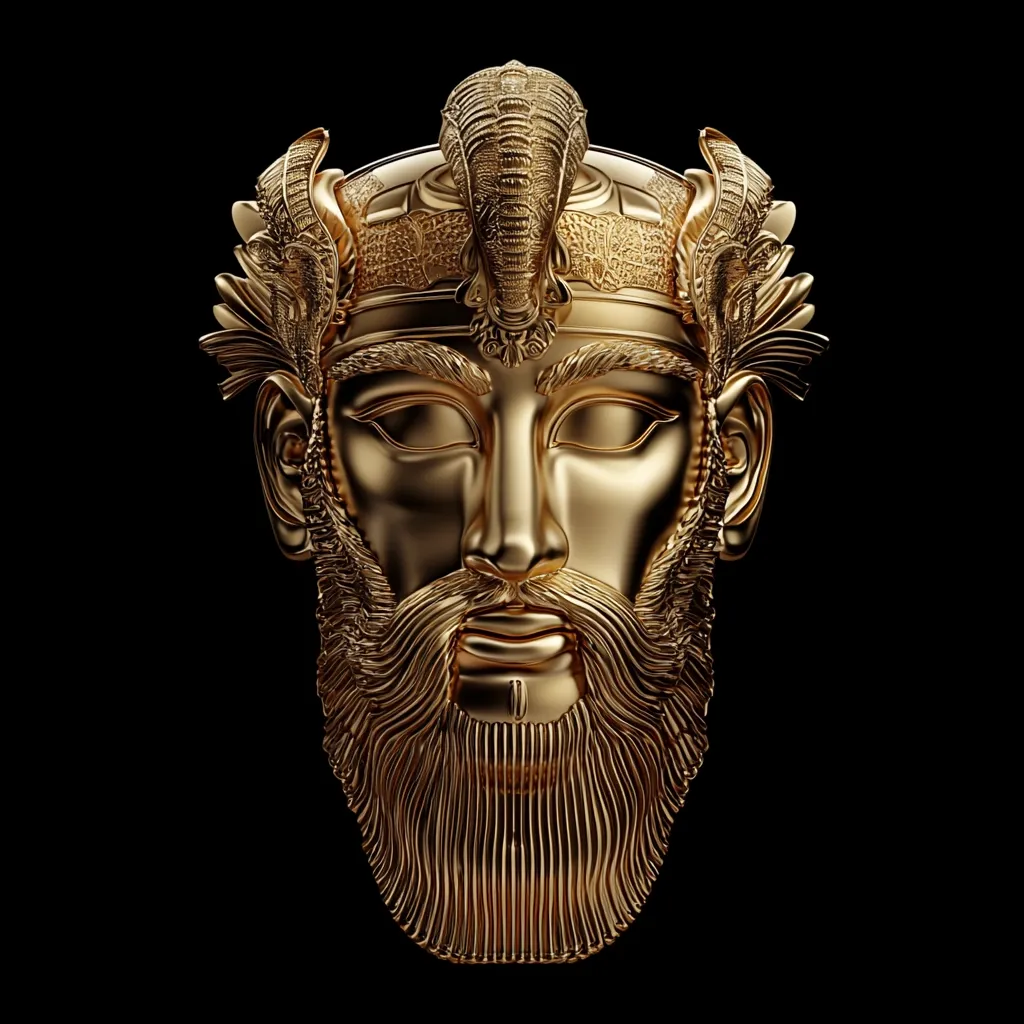 Here's a description of the image:

The image presents a striking, three-dimensional rendering of a golden mask or bust of a regal male figure. The figure is adorned with an intricately detailed crown featuring stylized horns or wings on either side, suggestive of a deity or king. The face is serene, with a meticulously rendered beard and mustache. The gold has a smooth, polished finish, creating a sense of opulence and power.  The black background isolates the golden mask, emphasizing its grandeur and drawing full attention to its intricate details. The style evokes classical antiquity or mythology.