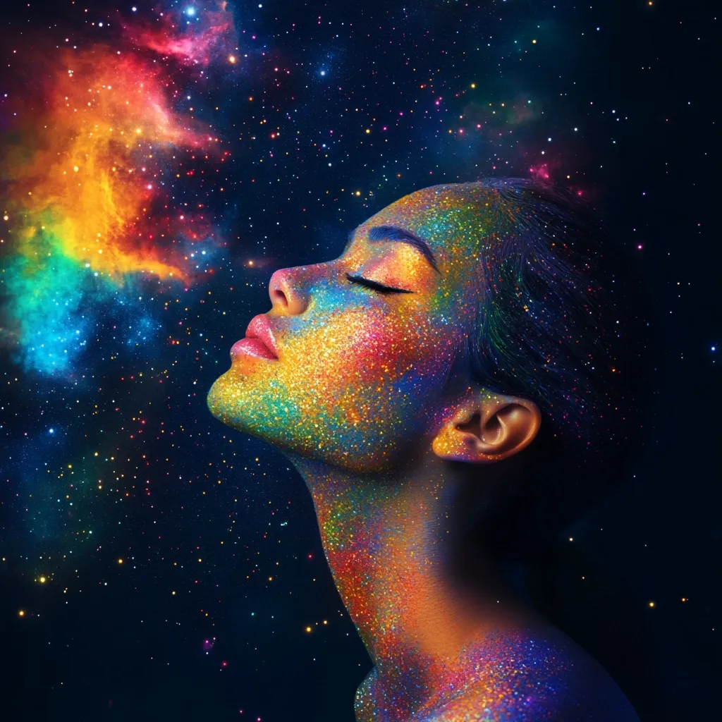 Here's a description of the image:

The image showcases a woman's profile, her face and neck adorned in vibrant, iridescent glitter, mimicking a cosmic nebula.  Her eyes are closed, suggesting serenity or contemplation.  The background is a deep, dark space speckled with stars and a swirling, colorful nebula that seems to connect visually with the glitter on her skin, creating a dreamlike, ethereal atmosphere. The overall effect is one of otherworldly beauty and artistic expression.