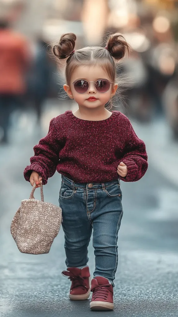 A stylish toddler girl, with her hair in two topknots, strolls down a city street. She's dressed in a maroon knit sweater, blue jeans, and burgundy high-top sneakers.  She carries a small, textured beige handbag and sports oversized sunglasses, adding to her fashionable look.  The out-of-focus background suggests an urban setting. The overall image is one of youthful charm and trendy fashion.