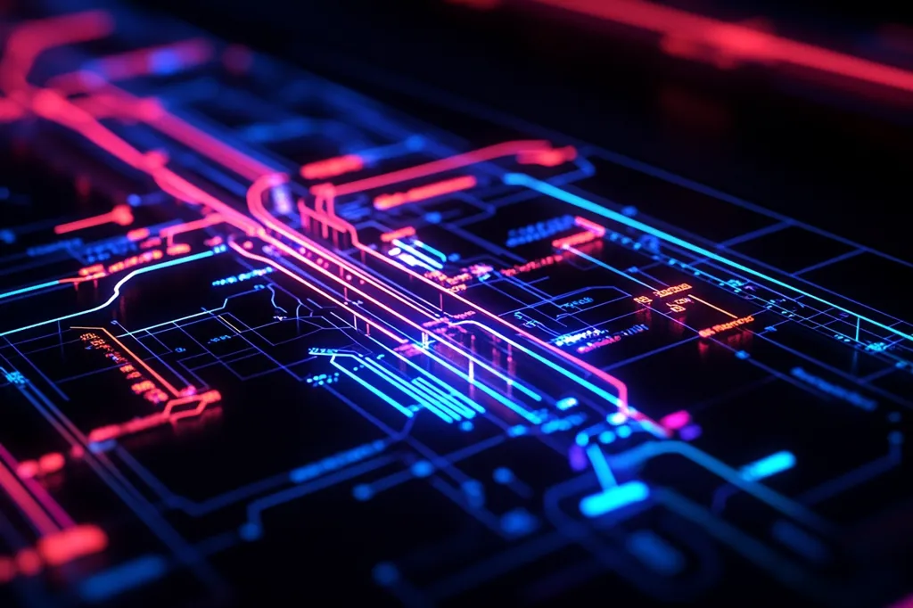 The image is a close-up of a digital rendering depicting a complex network of glowing lines and nodes.  Pink and blue neon-like pathways intertwine across a dark background, resembling a futuristic circuit board or technological schematic.  Small text snippets are visible along the pathways, adding to the impression of intricate data flow. The overall effect is one of high-tech complexity and vibrant energy.