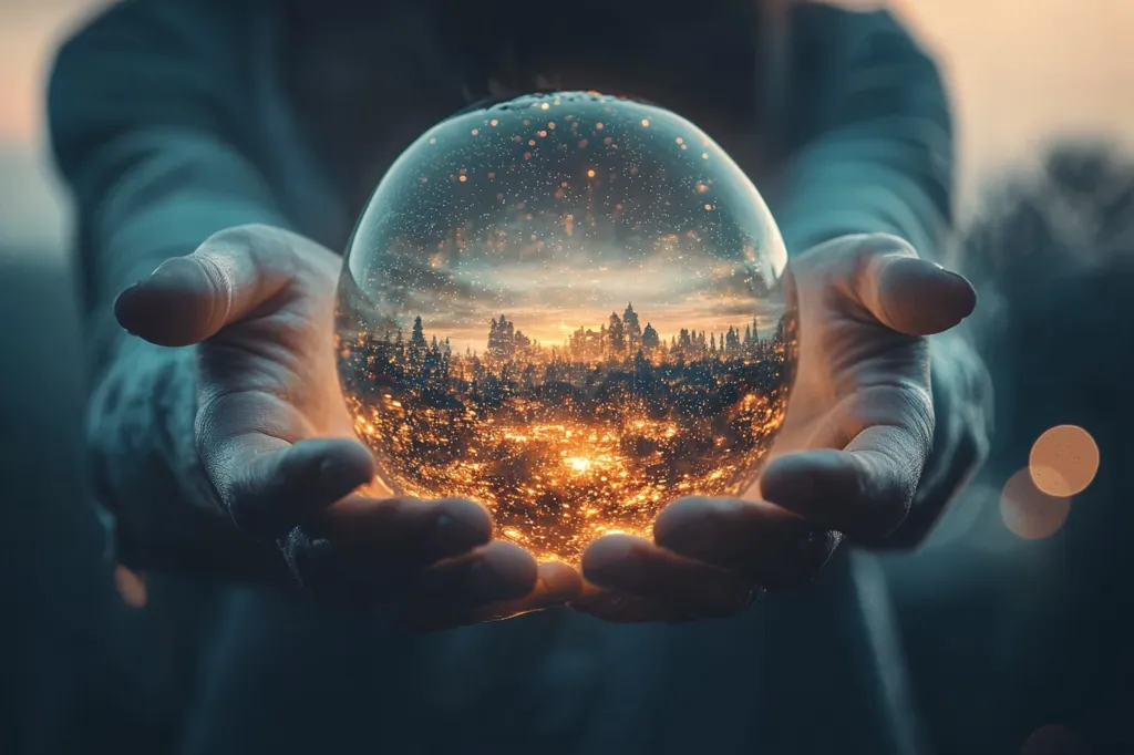 A pair of hands gently cradle a crystal orb, its surface shimmering with internal light.  Within the sphere, a miniature cityscape glows at sunset, buildings and trees silhouetted against a warm sky. The scene is dreamlike and surreal, suggesting a sense of wonder, potential, or perhaps a glimpse into another world held within the palm. The overall tone is mystical and atmospheric, with a focus on the contrast between the hands and the magical contents of the orb.