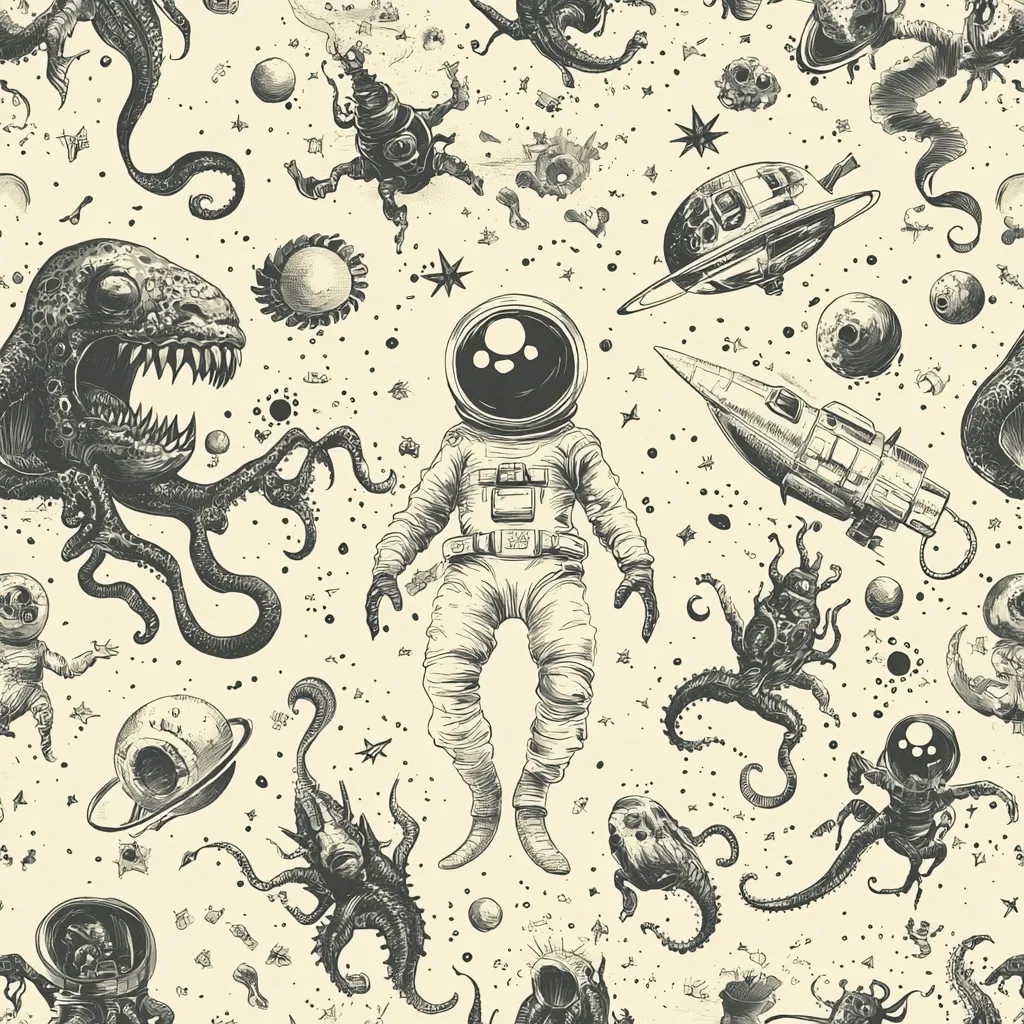 Here's a description of the image:

The image is a seamless pattern depicting a whimsical, hand-drawn style space scene.  It features a central astronaut floating amongst various fantastical creatures, including several multi-tentacled space monsters, and a variety of celestial objects.  The style is reminiscent of vintage science fiction illustrations, using a monochrome palette on a cream background. Spaceships, planets, and stars complete the cosmic tapestry. The overall effect is both eerie and playful.