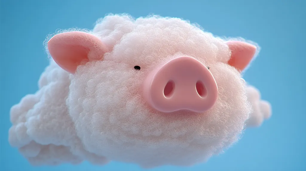 Here's a description of the image:

The image shows a whimsical, fluffy pig seemingly made of cotton candy or clouds. Its body is a mass of white, textured fluff, contrasting with its smooth, pink ears and snout. The pig's features are simple but expressive, giving it a cute and friendly appearance. The background is a solid light blue, providing a clean and airy backdrop that enhances the pig's ethereal quality. The overall style is playful and cartoonish.