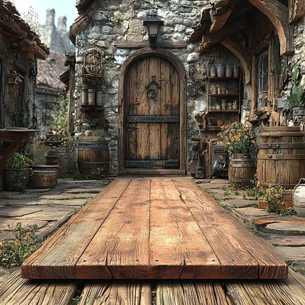 Here's a description of the image:

The image showcases a rustic, stone cottage with a large, aged wooden door as its focal point.  The cottage is richly detailed, with wooden beams, stone walls, and shelves overflowing with various jars and tools.  Wooden barrels flank the doorway, adding to the aged, lived-in atmosphere.  A long, weathered wooden plank stretches from the foreground towards the cottage's entrance. The courtyard is paved with stone, and small plants and flowers sprout from the cracks, adding to the scene's charm and authenticity.  The overall impression is one of quaintness, suggesting a rural or fantasy setting.