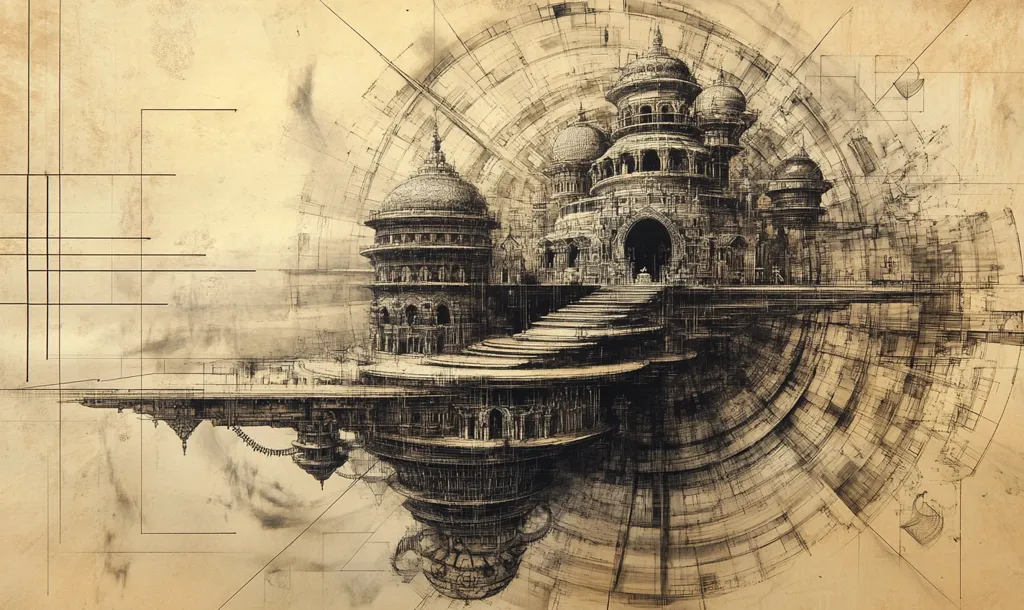 The image is a detailed architectural sketch, rendered in sepia tones, resembling a blueprint or concept art. It depicts a fantastical, multi-tiered structure, possibly a palace or temple, floating in the air.  The building features intricate domes, arches, and columns in a style blending Eastern and Western influences. Geometric lines and circular patterns overlaid on the drawing suggest a complex design process or a mechanical underpinning for its levitation. The overall effect is one of imaginative grandeur and intricate detail, presented with a feeling of aged parchment.