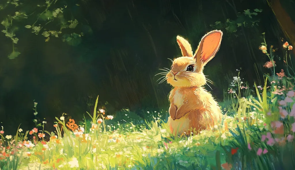 A painting depicts an adorable, light brown bunny rabbit sitting upright in a sun-dappled meadow.  The rabbit is the focal point, its fur appearing soft and fluffy.  Wildflowers in various pastel shades bloom around it, adding vibrancy to the scene. The background is a dark, lush forest, creating a contrast with the brightly lit meadow. The overall style is painterly and whimsical, evoking a sense of peace and tranquility in nature.