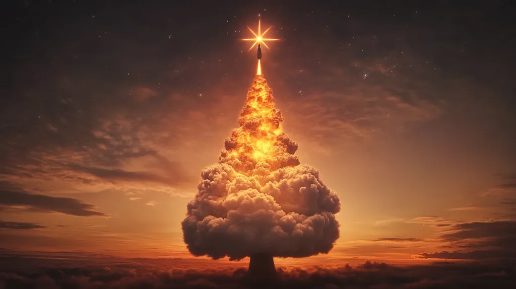 A rocket launches into a twilight sky, its fiery trail forming a Christmas tree shape within a cloud of smoke and vapor.  A bright star sits at the apex of the fiery tree, adding a celestial element to the scene.  The overall color palette is warm, with oranges and reds dominating the sunset backdrop. The image is surreal and evokes a sense of wonder and festive innovation.