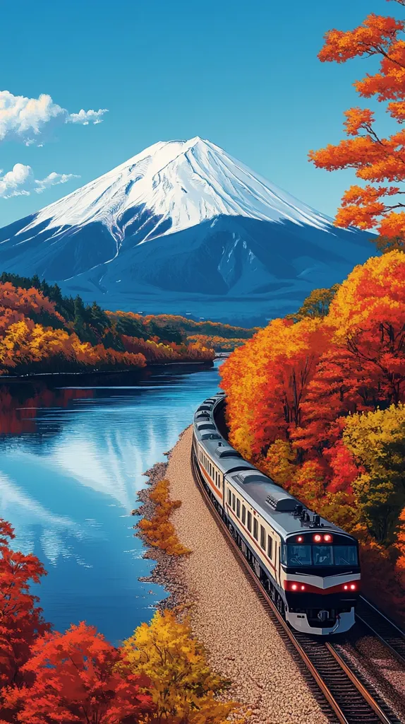 A passenger train journeys through a picturesque autumn landscape.  Vibrant red and orange foliage lines a calm river reflecting a clear blue sky.  In the background, the snow-capped peak of Mount Fuji rises majestically, creating a serene and idyllic scene. The train, a focal point, travels along a track winding through the colorful trees, showcasing a harmonious blend of nature and transportation.