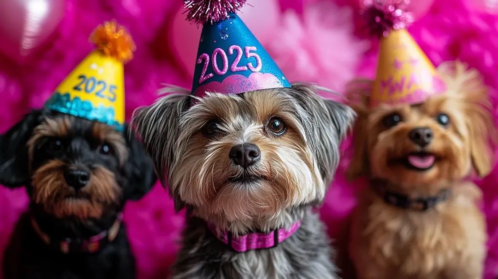 Three adorable small dogs, wearing festive 2025 party hats, are the focus of this close-up shot.  The central dog, a fluffy Yorkshire Terrier mix, gazes directly at the camera. Flanking it are two other small breeds, one dark and one light brown, also sporting celebratory headwear against a vibrant pink background.  The overall image evokes a cheerful and celebratory mood, possibly for New Year's Eve.