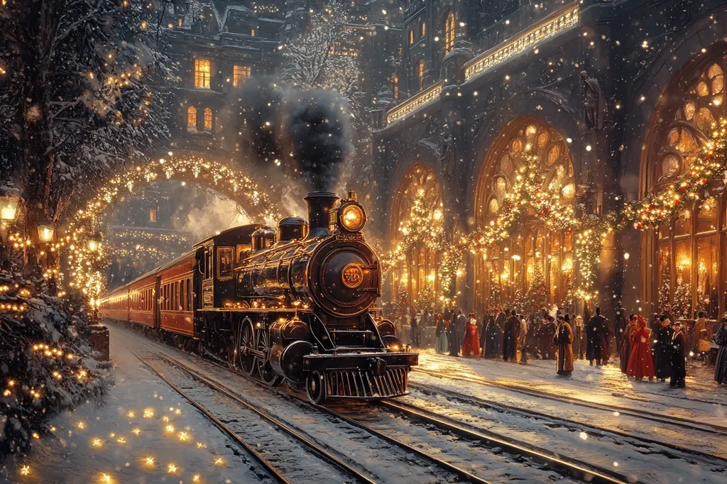 A vintage steam train, billowing smoke, arrives at a snow-covered station adorned with twinkling Christmas lights.  The station, a grand building with Gothic arches, is festively decorated with garlands and trees.  People in period clothing stand on the platform, creating a magical, nostalgic Christmas scene. Snow softly falls, adding to the enchanting ambiance. The image evokes the warmth and wonder of a classic holiday tale.