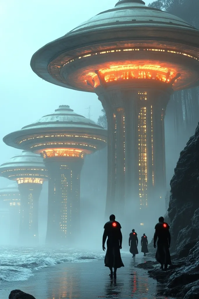 A misty, coastal scene unfolds, dominated by a series of towering, futuristic structures resembling inverted mushroom caps.  These buildings, illuminated from within with a warm, orange glow, line a shoreline where a small group of cloaked figures walk along the beach.  The atmosphere is evocative of science fiction, with a muted color palette and a sense of mystery surrounding the figures and their destination.  The scene is peaceful yet enigmatic.