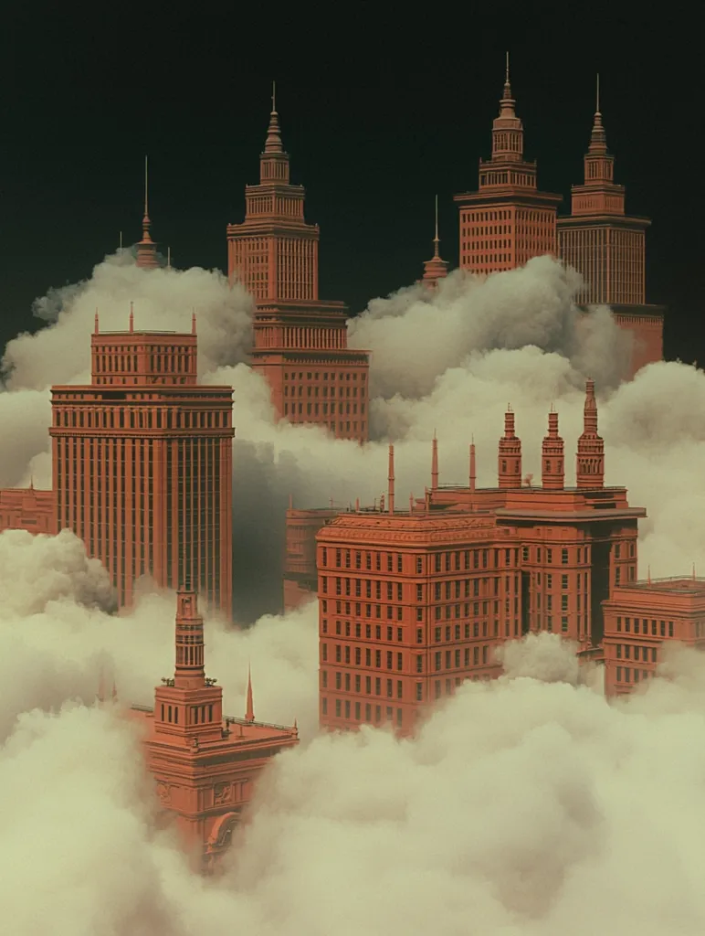 A surreal cityscape emerges from a thick, swirling fog.  Several tall, terracotta-colored buildings, reminiscent of Art Deco architecture, pierce the clouds.  Their uniform design creates a sense of order, yet the ethereal setting evokes a feeling of mystery and isolation.  The dark sky above contrasts sharply with the warm tones of the buildings, further enhancing the dreamlike atmosphere. The scene is visually striking and evocative, suggesting a hidden, possibly utopian, metropolis.