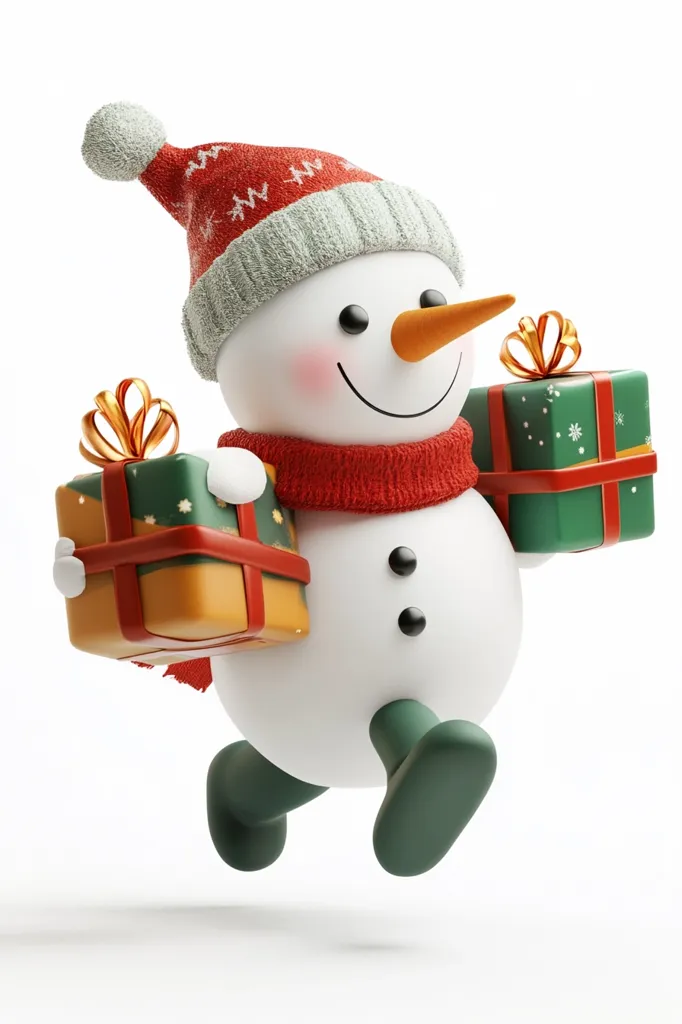 A cheerful snowman, wearing a gray and red knitted hat and a red scarf, is depicted joyfully running.  He carries two festively wrapped presents, one green and one orange-brown, in his arms.  The snowman's features are simple yet expressive, with coal-like buttons and a carrot nose. His green boots add to his charming appearance, suggesting a brisk winter's day. The background is plain white, emphasizing the snowman and his holiday gifts.
