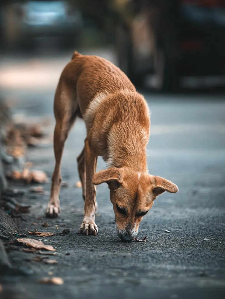A light brown, short-haired dog, appearing lean and possibly stray, is seen on a dark gray asphalt road.  The dog is intently sniffing the ground, its head low to the pavement. Scattered dry leaves lie near its paws. The background is blurred but shows a street scene with out-of-focus vehicles and muted colors, suggesting a possibly urban setting. The overall mood is one of quiet observation of the animal in its environment.