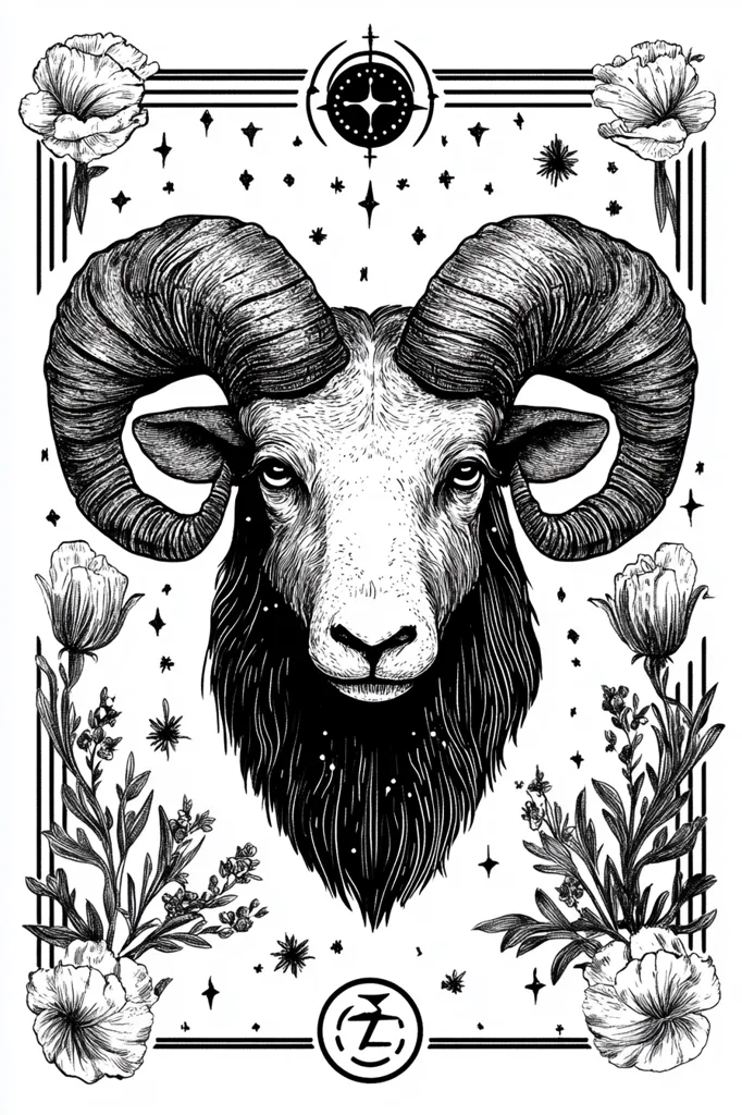 Here is a description of the image:

The illustration is a detailed black and white drawing of a ram's head, centrally positioned against a white background. The ram is rendered realistically, showcasing its thick, curly horns and dark, shaggy fur.  It's framed by an ornate geometric border featuring stylized flowers, possibly poppies, and small star-like elements scattered around.  Above the ram is a circular symbol reminiscent of a compass rose. Below, a similar circular symbol with a stylized letter “Z” is visible. The overall style is reminiscent of botanical illustration blended with occult or mystical symbolism.  The image evokes a sense of both nature and the esoteric.